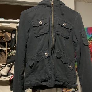 Distressed black zip up jean jacket